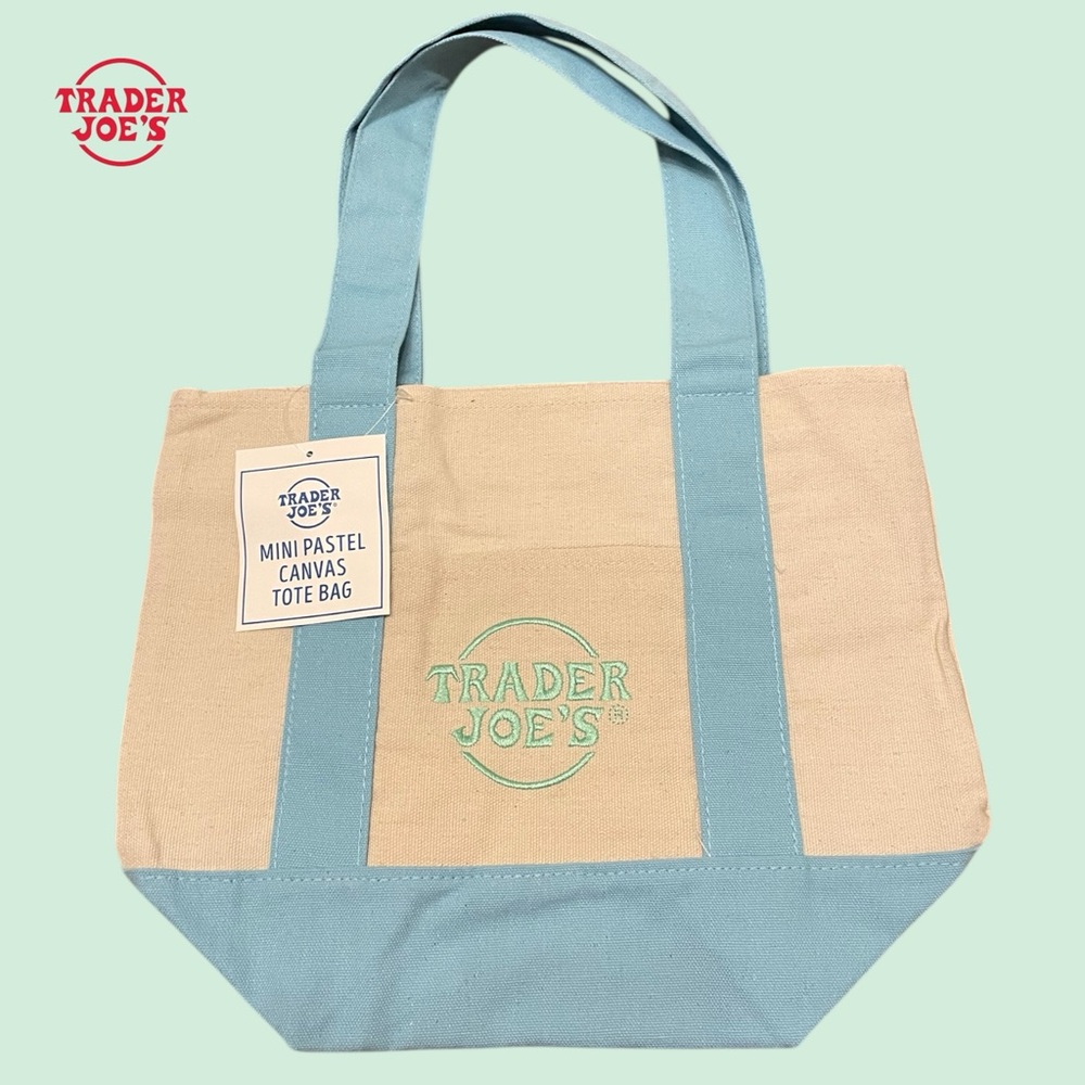 🩵Trader Joe's Mini Pastel Canvas Tote Bag in Light Blue, Mint & Natural. NWT